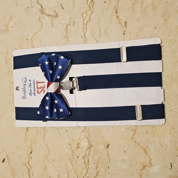 NWT Wembley Patriotic Red White Blue Stars & Stripes Bow Tie & Suspenders SET - Picture 2 of 4